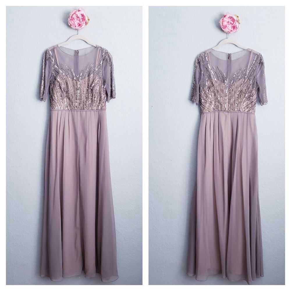 Adrianna Papell Taupe Beaded Illusion Neck Dress